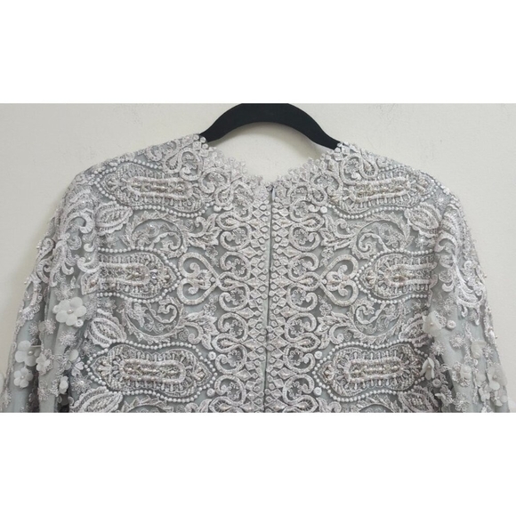 Gemy Maalouf Lace Evening Gown Light Grey Embroidered Long Sleeve Slit Front 12 - Picture 10 of 16